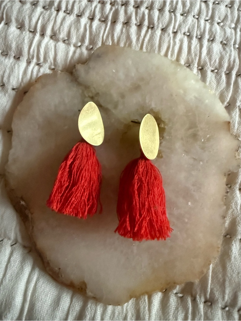 Gold Oval Red Tassel Drop Earrings